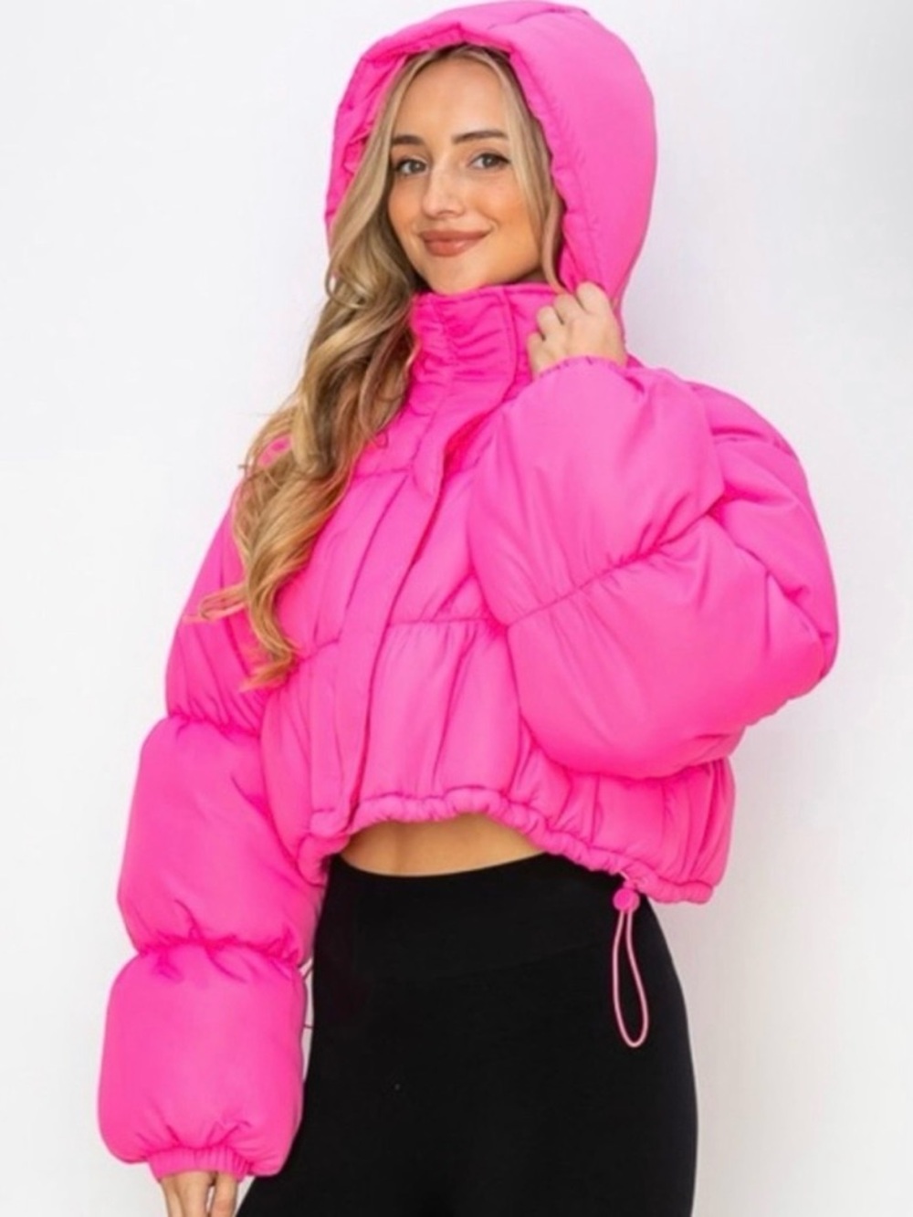 Hot Pink Cropped Puffer Jacket with Hood